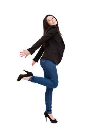 Full isolated body of happy young woman over whiteの写真素材
