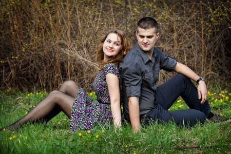 Happy young couple having fun outdoorの写真素材