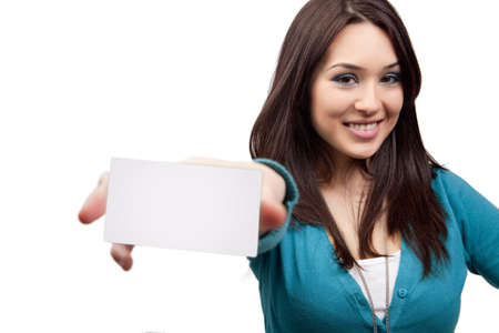 Marketing concept - woman showing business cardの写真素材
