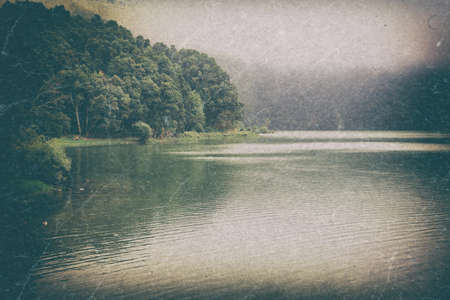 Vintage retro landscape - peaceful lake near foggy forestの写真素材