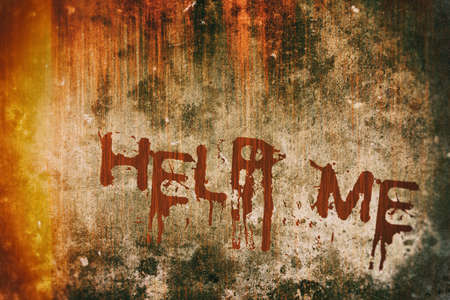 Horror Crime Concept. Help Message on Bloody Background Scary Wallの写真素材