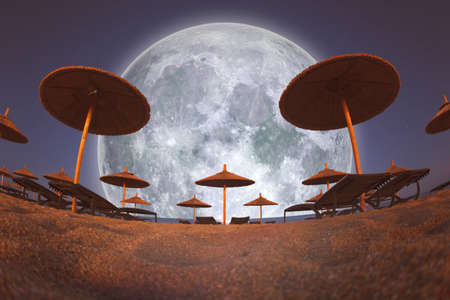 Full Moon and Beach Umbrellas at Nightの写真素材