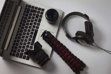 organization of photographic material and editing with computer on work tableの写真素材