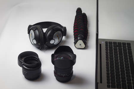 organization of photographic material and editing with computer on work tableの写真素材