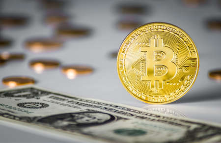 Bitcoin session with black and white background and wooden base with portable backgroundの写真素材