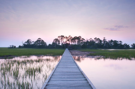 The sun sets over the salt marsh off Hunting Island, South Carolina.の写真素材