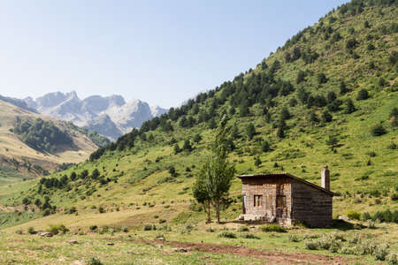 Mountain shelter with beautiful mountains in the background  Echoの写真素材