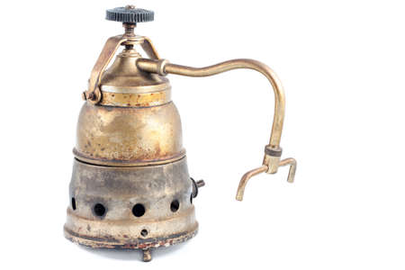 Metallic old coffee machine isolated on white backgroundの写真素材