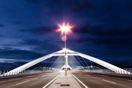 Tercer Milenio bridge over the Ebro river at night in Zaragoza, Spainの写真素材