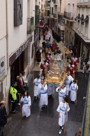 TUDELA, SPAIN - APRIL 19: Festival of Regional Tourist Interest, an angel, incarnated by a child, descends from the skies until reaching the image of the Virgin, whose head is covered by a black veil as a sign of mourning for the death of her Son. のeditorial素材