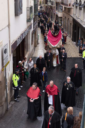 TUDELA, SPAIN - APRIL 19: Festival of Regional Tourist Interest, an angel, incarnated by a child, descends from the skies until reaching the image of the Virgin, whose head is covered by a black veil as a sign of mourning for the death of her Son.のeditorial素材