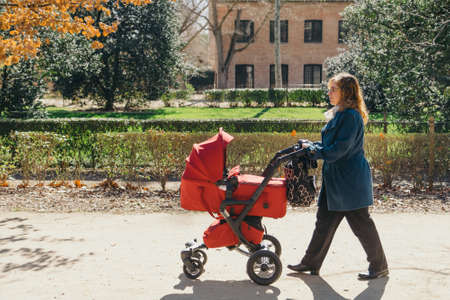 Mother walking with baby stroller in parkの写真素材