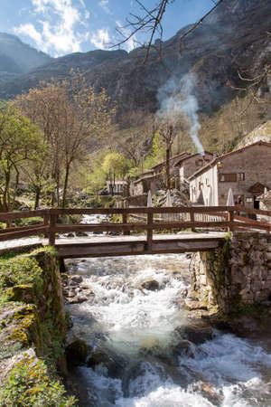 Bridge over the river in Bulnes, Asturias (Spain)の写真素材