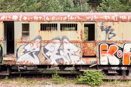 Old train car in the Canfranc International Railway Station (Aragon, Spain)のeditorial素材
