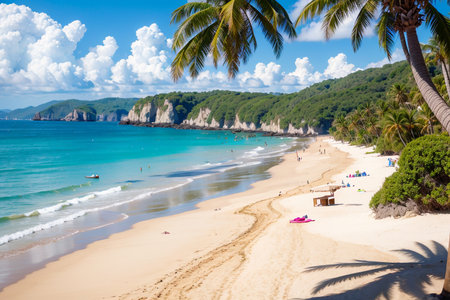 Tropical beach with palm trees and turquoise water in Thailandの素材