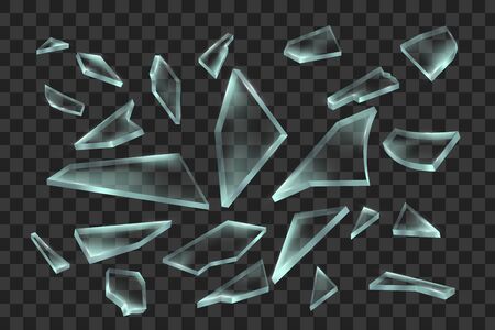 Realistic transparent pieces of broken glass on transparent background, vector illustrationのイラスト素材