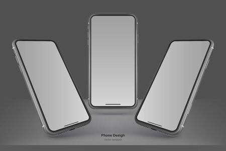 Set of black vector phones isolated on black background. Realistic template. Mock up with empty screen for business presentationsのイラスト素材