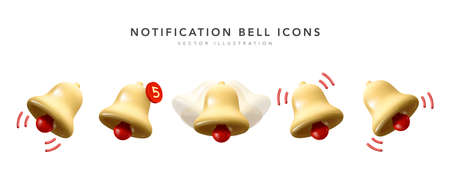 Set of 3d new year bell notification in red and yellow color. Vector illustrationのイラスト素材