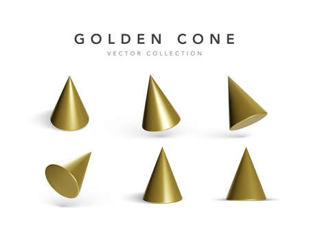 Set of geometric cones isolated on white background. 3d geometric shapes objects. Render decorative figure for design. Vector illustration.のイラスト素材