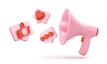 Pink megaphone with flying icons in bubbles isolated on white background.