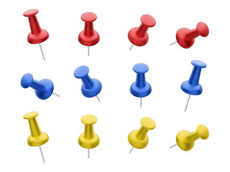 Collection of various red, yellow and blue push pins isolated on white background. Set of...