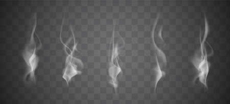Collection of realistic white smoke steam, waves from coffee, tea, cigarettes, hot food isolated on transparent background. Vector illustrationのイラスト素材