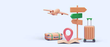 Travel banner in realistic style with plane, pointer, map, suitcase. Vector illustration