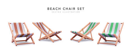 Set of 3d realistic render beach chairs with shadow isolated on white background. Vector illustrationのイラスト素材