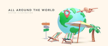 All around the world concept poster in realistic style with planet, pointer, airplane, palm tree, beach chair, road sign, umbrella. Vector illustrationのイラスト素材