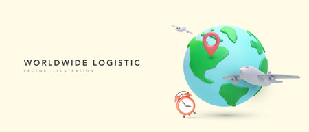 Worldwide logistic concept poster in realistic style with planet, airplane, pointer, clock. Vector illustrationのイラスト素材