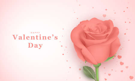Beautiful greeting card for valentine's day. 3D realistic pink rose and hearts on a pink background. Cute love banners or greeting cards. Vector illustrationのイラスト素材