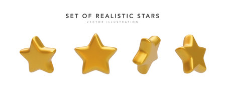 Set of 3d realistic golden stars isolated on white background. Vector illustrationのイラスト素材