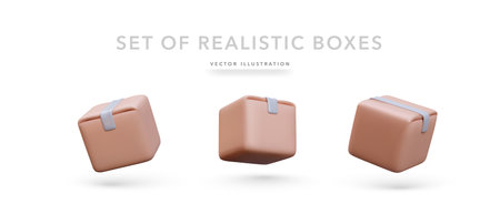 Set of 3d realistic parcels flying in airのイラスト素材