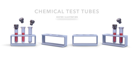 Set of chemical test tube in 3d realistic style with shadow isolated on white background. Vector illustrationのイラスト素材