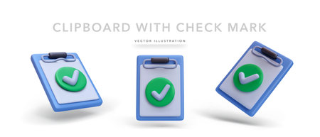 Set of realistic clipboard with check mark isolated on white background. Vector illustrationのイラスト素材