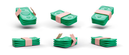 Set of 3d realistic green wad of dollars with shadow isolated on white background. Vector illustrationのイラスト素材