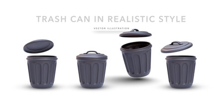 Set of 3d realistic black trash can with shadow on white background. Vector illustrationのイラスト素材