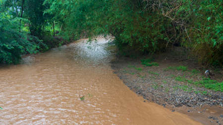 Flash floods in a DAM, visible water becomes turbid because it carries soil sediment along the river.