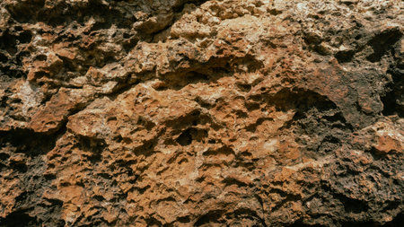 Close-up of a rugged and porous rock surface, featuring earthy tones of brown, orange, and dark grey. Ideal for natural backgrounds and textures.の写真素材