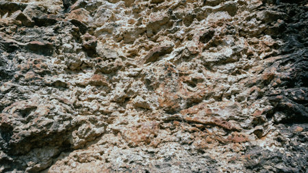 Close-up of an ancient, weathered rock surface featuring a rich, rough texture in earthy tones....