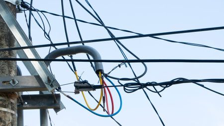 Intricate web of black and colored electrical wires on a utility pole against a clear sky....