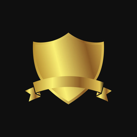 Gold shield with a ribbon on a black background. Vector illustration.のイラスト素材