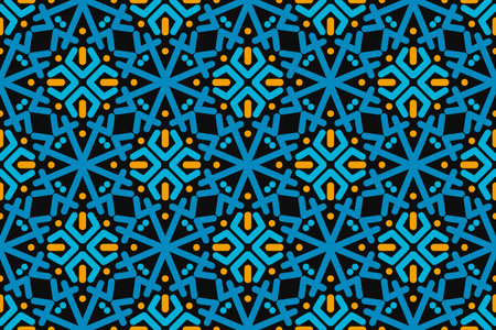Seamless illustrated pattern made of abstract elements in blue, yellow and blackのイラスト素材