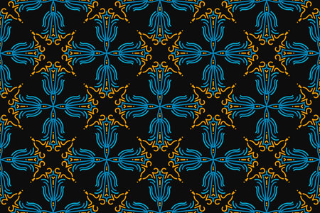 Seamless pattern with decorative ornament in blue and yellow colors.