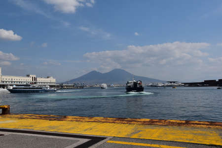 Calm in the Bay of Naples, Port of Naples and Mount Vesuvius, the Tyrrhenian Sea, a sunny day in the Gulf.のeditorial素材