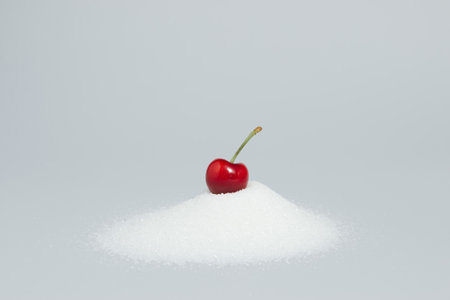 Red cherry on the top of the sugar mountain. Holiday idea. Minimal crative concept on a pastel background.の写真素材