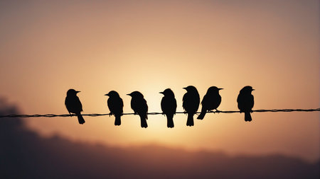 Silhouette of a group of birds on a wire. AI-generated.の素材