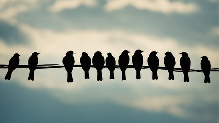 Silhouette of a group of birds on a wire. AI-generated.の素材