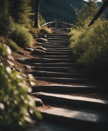 Staircase with greenery on both sides. AI-generated.の素材