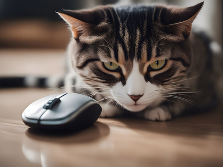 Cat with computer mouse on the floor. AI-generated.の素材